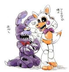  2016 animatronic anthro bow_(feature) bow_tie canid canine claws duo eyelashes female five_nights_at_freddy&#039;s five_nights_at_freddy&#039;s_4 five_nights_at_freddy&#039;s_world fox japanese_text kneeling lagomorph leporid lipstick lolbit_(fnaf) machine makeup male mammal nightmare_bonnie_(fnaf) nitorou open_mouth punch purple_lipstick rabbit robot scottgames sharp_teeth simple_background smile teeth text toe_claws translation_request white_background 