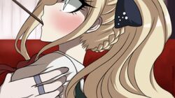  1boy black_bow blonde_hair blush bow braid couch criis-chan danganronpa_(series) danganronpa_2:_goodbye_despair female food from_side hairbow jewelry long_hair looking_up mouth_hold pocky ponytail profile ring shoulder_grab solo_focus sonia_nevermind tanaka_gundham upper_body watermark web_address 