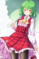  aka_tawashi ascot black_legwear buttons closed_mouth collared_shirt commentary cowboy_shot female floral_background frilled_skirt frills green_hair green_umbrella hair_between_eyes half-closed_eyes highres holding holding_umbrella kazami_yuuka light_particles long_sleeves looking_at_viewer open_clothes open_vest pantyhose plaid plaid_skirt plaid_vest red_eyes red_skirt red_vest shirt short_hair skirt smile solo standing thighhighs touhou umbrella vest white_shirt yellow_ascot 