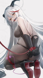  absurdres aegir_(azur_lane) azur_lane backless_outfit ball_gag bodystocking bound bound_arms bound_legs breasts commission demon_horns female from_behind gag gagged hair_on_horn high_heels highres horns kneeling lin_jingling long_hair looking_at_viewer looking_back middle_finger multicolored_hair red_hair red_rope remote_control_vibrator restrained rope second-party_source sex_toy streaked_hair thong underwear variant_set vibrator white_hair yellow_eyes 