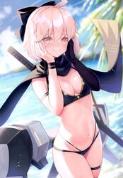  absurdres ahoge bikini black_bikini black_gloves blue_sky blurry blurry_background blush bow breasts brown_eyes cleavage closed_mouth cloud cloudy_sky day elbow_gloves fate/grand_order fate_(series) female gloves hair_ornament hairbow hands_on_own_cheeks hands_on_own_face highres katana looking_at_viewer medium_breasts navel ocean okita_j._souji_(fate) okita_j._souji_(first_ascension)_(fate) okita_souji_(fate) outdoors pink_hair scan scarf shiny_clothes short_hair simple_background single_glove sky smile solo stomach suzuho_hotaru swimsuit sword thigh_strap thighs water weapon weapon_on_back wristband 