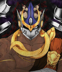  1boy bara bare_shoulders bead_necklace beads dark-skinned_male dark_skin earrings helmet jewelry large_pectorals looking_at_viewer male_focus muscular muscular_male necklace pectoral_cleavage pectorals sash shiva_(housamo) solo telekinesis thick_eyebrows tokyo_afterschool_summoners umbrakinesis upper_body yon_yon_(shikawafu) 