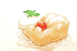  artist_name bird cake chai_(drawingchisanne) chick chiffon_cake commentary food food_focus fruit highres mint no_humans original signature simple_background sleeping strawberry sweets_bird undersized_animal white_background 