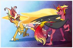  alicorn black_sclera blue_eyes border clothing daydream_shimmer_(eg) equestria_girls equid equine ethereal_horn ethereal_wings female feral hasbro hi_res horn inuhoshi-to-darkpen mammal membrane_(anatomy) membranous_wings my_little_pony mythological_creature mythological_equine mythology square_crossover sunset_shimmer_(eg) white_border wings 