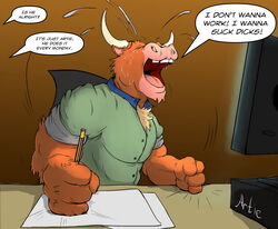  anthro artie_(artietheartbull) artietheartbull bovid bovine cattle clothed clothing digital_media_(artwork) english_text humor inside male mammal monday muscular muscular_anthro muscular_male solo speech_bubble text work 