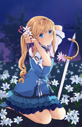  1other blonde_hair blue_dress blue_eyes chevalier_d&#039;eon_(fate) commentary dress fate/grand_order fate_(series) field flower flower_field hair_flower hair_ornament hair_ribbon highres k-rumi long_hair looking_at_viewer night night_sky pink_ribbon planted planted_sword ponytail pose rapier ribbon seiza signature sitting sky smile solo sword tying_hair weapon 