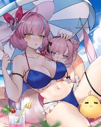  2girls anchor_hat_ornament ayu_(ayuyu0924) azur_lane ball beach_mat beachball bikini black_hairband black_ribbon blue_bikini blush braid braided_bangs breast_envy breasts cup double_bun drinking_glass drinking_straw food frilled_bikini frills hair_bun hair_ribbon hairband hand_on_another&#039;s_head hat hat_ornament highres hurricane_glass juice large_breasts layered_bikini long_hair looking_at_viewer manjuu_(azur_lane) multi-strapped_bikini multicolored_hair multiple_girls official_alternate_costume pink_bikini pink_hair popsicle purple_eyes ribbon saratoga_(azur_lane) saratoga_(seven_seas_of_rest)_(azur_lane) short_hair streaked_hair sun_hat swimsuit tartu_(azur_lane) tartu_(overthinking_summer)_(azur_lane) thigh_strap tropical_drink twintails water wet white_ribbon yellow_eyes 