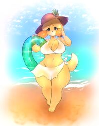  animal_crossing anthro beach big_breasts breasts canid canine canis clothed clothing domestic_dog female floatie hat headgear headwear hi_res inflatable isabelle_(animal_crossing) luvon mammal nintendo outside seaside shih_tzu solo toy_dog 