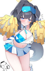  animal_ears black_hair blue_archive blue_eyes blush breasts cheerleader cleavage crop_top dog_ears dog_girl dog_tail doodle_sensei_(blue_archive) eyewear_on_head female goggles goggles_on_head halo hibiki_(blue_archive) hibiki_(cheer_squad)_(blue_archive) highres hitachi_sou long_hair looking_at_viewer midriff millennium_cheerleader_outfit_(blue_archive) navel official_alternate_costume pom_pom_(cheerleading) sensei_(blue_archive) shoes skirt solo tail thigh_gap thighs 