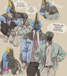  2023 5_fingers absurd_res anthro anthro_on_anthro avian beak belt bird black_beak black_bottomwear black_clothing black_eyes black_pants blue_body blue_clothing blue_feathers blue_jacket blue_topwear bottomwear boyfriends cassowary cigarette clothing corvid corvus_(genus) crow cuddling dialogue duo english_text feathers fingers green_clothing green_jacket green_topwear grey_beak grey_body grey_bottomwear grey_clothing grey_feathers grey_jacket grey_pants grey_shirt grey_topwear hands_on_hips heart_symbol hi_res holding_cigarette holding_object hug jacket looking_at_viewer looking_up male male/male markings multiple_poses orange_eyes oscine pants passerine pose pupils ratite red_body red_feathers red_markings romantic romantic_couple scuted_arms scutes shirt shoulder_grab smoking speech_bubble tan_clothing tan_jacket tan_topwear teastuff text topwear yellow_body yellow_feathers 