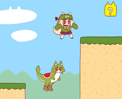  2girls ?_block animal_ear_fluff animal_ears bell blonde_hair blue_sky boots brown_collar brown_footwear cloud collar day ears_through_headwear flat_cap flat_chest fox_ears fox_girl fox_tail gameplay_mechanics green_headwear green_shirt hair_between_eyes hair_bun hair_ornament hat highres jingle_bell jumping kemomimi-chan_(naga_u) long_sleeves mario mario_(series) multiple_girls naga_u neck_bell necktie orange_necktie original outdoors pleated_skirt purple_skirt red_eyes ribbon-trimmed_thighhighs ribbon_trim sailor_collar shirt single_hair_bun skirt sky sleeves_past_fingers sleeves_past_wrists super_mario_world tail thighhighs white_legwear white_sailor_collar yoshi 