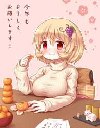  :t aki_minoriko alternate_costume arinu beige_sweater blonde_hair blush bowl breast_rest breasts breasts_on_table commentary_request eating female food food-themed_hair_ornament fruit grape_hair_ornament grapes hair_ornament highres large_breasts leaf long_sleeves looking_at_viewer mandarin_orange peeling pink_background red_eyes ribbed_sweater short_hair solo sweater table touhou turtleneck turtleneck_sweater 