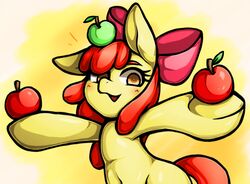  2021 accessory apple apple_bloom_(mlp) apple_on_head balancing_object bow_(feature) bow_accessory bow_ribbon centered_hair_bow earth_pony equid equine female feral food friendship_is_magic front_view fruit fruit_on_head hair hair_accessory hair_ribbon hairbow hasbro hi_res hooves horse kyouman mammal my_little_pony navel object_on_head open_mouth orange_eyes plant pony quadruped red_hair ribbons solo 