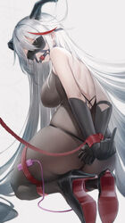  absurdres aegir_(azur_lane) azur_lane backless_outfit ball_gag blindfold bodystocking bondage bondage bound bound_arms bound_legs breasts commission demon_horns female from_behind gag gagged hair_on_horn high_heels highres horns kneeling lin_jingling long_hair looking_at_viewer looking_back middle_finger multicolored_hair red_hair red_rope remote_control_vibrator restrained rope second-party_source sex_toy streaked_hair thong underwear variant_set vibrator white_hair yellow_eyes 