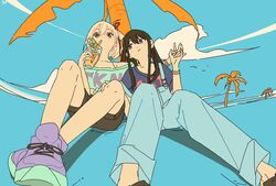  2girls beach black_hair blonde_hair blue_background blue_overalls blue_shirt brown_shorts cloud commentary cup drinking_straw green_shirt highres holding_hands inoue_takina long_hair lycoris_recoil multiple_girls nishikigi_chisato on_ground overalls palm_tree purple_eyes purple_footwear red_eyes shirt shoes short_hair shorts sitting sneakers symbol-only_commentary tree xuaniiu yuri 