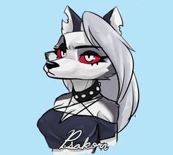  absurd_res anthro canid canid_demon canine demon digital_media_(artwork) female grey_hair hair half-length_portrait hellhound helluva_boss hi_res loona_(helluva_boss) mammal mythological_canine mythological_creature mythology nipple_outline portrait psakorn_tnoi red_sclera shaded shoulderless_shirt solo 