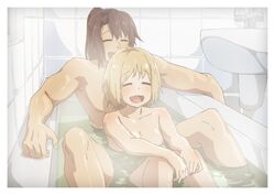  1boy :d bath bathing bathroom bathtub blonde_hair breasts brown_hair closed_eyes commander_(girls&#039;_frontline) commission commissioner_upload completely_nude female girls&#039;_frontline happy highres indoors long_hair md5_mismatch mixed-sex_bathing mp40_(girls&#039;_frontline) nude open_mouth partially_submerged pixiv_commission ponytail resolution_mismatch shared_bathing short_hair sink smile source_smaller steam tile_wall tiles triangle_bullet water 