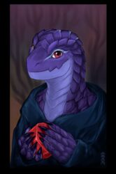  3033 anthro black_border border bust_portrait eyebrows facial_scales female filia_(offline_user) hi_res lizardman lizardman_(overlord) markings overlord_(series) portrait reptile scale_eyebrows scales scalie solo stare tattoo tribal tribal_markings tribal_tattoo 