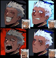  1boy angry blush close-up collared_jacket dark-skinned_male dark_skin derivative_work expression_chart expressions eye_trail facial_tattoo fangs frown glowing glowing_eyes half-closed_eyes halo happy highres israfil_(housamo) jacket light_trail lisuchi male_focus open_mouth raised_eyebrows red_eyes sad sideburns smile solo spiked_hair surprised tattoo tokyo_afterschool_summoners white_hair 