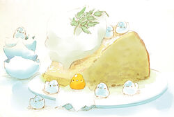  beak bird cake chai_(drawingchisanne) chick chiffon_cake commentary_request cream eggshell food food_focus garnish highres looking_at_viewer no_humans on_food original plant_request plate sweets_bird undersized_animal 