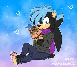  2017 4_fingers 4_toes anthro armor barefoot black_body black_clothing black_ears black_feet black_fingers black_fur black_hands black_shirt black_tail black_toes black_topwear blue_background blue_body blue_bottomwear blue_clothing blue_ears blue_eyes blue_fur blue_jeans blue_lens blue_markings blue_pants blue_pseudo_hair bottomwear cheek_tuft clothed clothed_anthro clothed_male clothing colored dark_shirt dated denim denim_bottomwear denim_clothing dipstick_ears duo ear_markings ear_tuft eulipotyphlan eyewear facial_tuft feet fingers flat_colors full-length_portrait fully_clothed fully_clothed_anthro fully_clothed_male fur fur_markings goggles green_helmet head_tuft headgear heart_symbol hedgehog helmet jeans league_of_legends long_pseudo_hair male male_anthro mammal markings mishkawuff multicolored_body multicolored_ears multicolored_fur pants pawpads pink_pawpads plantigrade plushie portrait pseudo_hair purple_background purple_scarf red_eyewear red_goggles riot_games scarf sega shirt signature simple_background sitting skinny_anthro skinny_male slim_anthro sonic_the_hedgehog_(series) tail tail_tuft tan_body tan_feet tan_fur tan_inner_ear tan_toes teemo_(lol) tencent three-quarter_view toes toony topwear tuft two_tone_ears vonnes_(heyimteedo) white_background yordle 