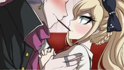  1boy black_bow black_jacket blonde_hair blush bow braid commentary couch criis-chan danganronpa_(series) danganronpa_2:_goodbye_despair earrings eye_contact female food french_braid from_side green_eyes grey_hair hairbow head_out_of_frame imminent_kiss jacket jewelry long_hair long_sleeves looking_at_another mouth_hold own_hands_clasped own_hands_together pocky ponytail puffy_short_sleeves puffy_sleeves purple_scarf ring scarf short_sleeves shoulder_grab smile sonia_nevermind straight tanaka_gundham watermark web_address 