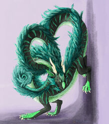  ambiguous_gender asian_mythology ass_up claws countershade_torso countershading digitigrade dragon east_asian_mythology eastern_dragon fangs feral finger_claws fur furred_dragon furred_scalie green_body green_countershading green_fur green_pawpads green_scales hi_res long_neck long_tail long_torso mythological_creature mythological_scalie mythology noodle_(herpderplol) pawpads purple_background quadruped rienkarrot scales scalie shaded shadow signature simple_background solo tail teeth toe_claws yellow_eyes 