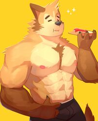  abs anthro biceps bottomwear bread breakfast canid canine canis cilok closed_eyes clothing domestic_dog food fur hi_res jelly_(food) male mammal muscular muscular_anthro muscular_male nipples pecs simple_background solo toast 