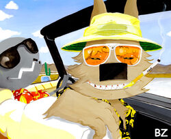 albert_lupine alien ambiguous_gender anthro ayato bad_craziness bat bat_country black_clothing black_eyewear black_nose black_shirt black_sunglasses black_topwear brown_body brown_fur cactus canid canine canis car cigarette clothing cloud convertible desert domestic_cat dr_gonzo driving duo eyewear fear_and_loathing_in_las_vegas felid feline felis fur grey_body grey_scales hand_on_car_seat happy hat headgear headwear hunter_s_thompson inside_car lupine_and_scott mammal motor_vehicle open_mouth orange_eyewear orange_sunglasses outside parody plant raoul_duke red_clothing red_shirt red_topwear scales scott_(ayato) sharp_teeth shirt sky smoke smoking source_request sunglasses teeth teeth_showing topwear vehicle white_eyewear white_sunglasses wolf yellow_clothing yellow_hat yellow_headwear