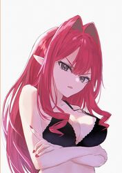  baobhan_sith_(fate) black_bra bra breasts crossed_arms fate/grand_order fate_(series) female frown grey_eyes hair_intakes highres kei201107 large_breasts long_hair pointy_ears red_hair red_nails underwear 