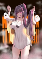  architect_(girls&#039;_frontline) arms_up bare_shoulders blunt_bangs breasts cleavage collarbone covered_nipples cowboy_shot cross_pasties female fingernails ghost ghost_print girls&#039;_frontline glowing glowing_eyes halloween_costume highres large_breasts long_fingernails long_hair looking_at_viewer multicolored_hair off-shoulder_shirt off_shoulder open_mouth oversized_clothes pasties popoman purple_eyes purple_hair red_nails sangvis_ferri see-through see-through_silhouette shirt side_ponytail smile solo steam streaked_hair tongue tongue_out very_long_hair white_shirt 