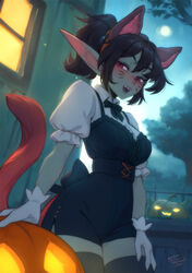  animal_ears artist_name black_dress black_hair black_ribbon black_thighhighs blush borrowed_character breasts cat_ears cat_tail colored_skin commentary dress english_commentary facial_mark fake_animal_ears fangs female female_goblin gloves goblin green_skin hair_between_eyes hairband hand_on_own_thigh high-waist_shorts highres jack-o&#039;-lantern large_ears lola_(roxxxan) long_pointy_ears looking_at_viewer medium_hair neck_ribbon night open_mouth original outdoors personal_ami pointy_ears ponytail puffy_short_sleeves puffy_sleeves red_eyes ribbon short_sleeves shorts solo tail thighhighs tree whisker_markings white_gloves wing_collar 