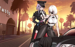  2girls absurdres agave alisa:_echo_(punishing:_gray_raven) alisa_(punishing:_gray_raven) alternate_costume armpit_crease arrest aviator_sunglasses bare_shoulders belt black_jacket black_leggings black_necktie black_pants black_skirt boots breasts building car center-flap_bangs chains chest_harness chinese_commentary cloud collared_shirt commentary cropped_jacket cuffs gloves grand_theft_auto grand_theft_auto_v hair_ornament half_gloves harness hat headlight highres insignia jacket joints lamppost leaning leaning_forward leggings liv_(punishing:_gray_raven) looking_at_viewer lzypoipoi mechanical_arms medium_breasts motor_vehicle mountainous_horizon multicolored_hair multiple_girls necktie no_u-turn_sign official_alternate_costume on_vehicle orange_sky out_of_character outdoors palm_leaf palm_tree pants parking_meter parody pavement pink_eyes pink_hair police police_hat police_uniform policewoman punishing:_gray_raven purple_eyes purple_hair radio_antenna red_footwear ringed_eyes road road_sign robot_joints shirt short-sleeved_jacket short_hair short_sleeves shoulder_boards shoulder_tattoo sign single_mechanical_arm skin_tight skirt sky sleeveless sleeveless_shirt streaked_hair sunglasses sunset tattoo thigh_boots tree uniform upper_body walkie-talkie white_hair white_shirt windshield 