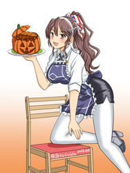  apron ashigara_(kancolle) breasts brown_eyes brown_hair character_name female frilled_apron frills geru gradient_background halloween high_ponytail holding kantai_collection looking_at_viewer solo twintails wavy_hair 