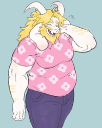  2_horns absurd_res alnoodle anthro asgore_dreemurr beard belly_overhang belly_rolls blonde_hair blush bottomwear bovid caprine closed_eyes clothed clothing deltarune denim denim_bottomwear denim_clothing facial_hair fat_rolls fully_clothed fur goat hair hairy hand_behind_head hi_res horn jeans long_ears male mammal mature_anthro mature_male moobs open_mouth overweight overweight_anthro overweight_male pants portrait shirt snout solo three-quarter_portrait three-quarter_view tongue topwear undertale_(series) white_body white_fur 