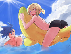  2boys afloat alternate_costume ass asymmetrical_hair aus_vaka banana_boat black_male_swimwear blonde_hair blue_eyes blue_hair blue_sky bulge cloud galo_thymos grin highres inflatable_raft inflatable_toy lio_fotia low_ponytail male_focus male_swimwear mohawk multiple_boys ocean on_banana open_mouth otoko_no_ko partially_submerged promare purple_eyes short_hair sidecut sidelocks sky smile solo_focus thighs topless_male triangular_headpiece undercut 