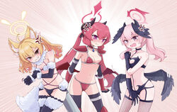  3girls absurdres adapted_costume ahoge alternate_color alternate_costume anger_vein animal_ears armor bikini_armor blonde_hair blue_archive bracer breasts brooch cleavage cleavage_cutout clothing_cutout commentary_request cosplay cosplay_request covering_breasts covering_crotch covering_privates demon_horns demon_wings elbow_gloves elizabeth_bathory_(brave)_(fate) elizabeth_bathory_(brave)_(fate)_(cosplay) elizabeth_bathory_(fate) embarrassed fate/grand_order fate_(series) fishnet_thighhighs fishnets fur-trimmed_gloves fur-trimmed_thighhighs fur_trim garter_belt garter_straps gloves grey_wings grimace hair_ribbon halo head_wings highres horns jewelry junko_(blue_archive) kemonomimi_mode koharu_(blue_archive) low_twintails low_wings mash_kyrielight mash_kyrielight_(cosplay) mash_kyrielight_(dangerous_beast) mash_kyrielight_(dangerous_beast)_(cosplay) medium_hair multiple_girls navel open_mouth pauldrons pink_eyes pink_hair pointy_ears red_hair revealing_clothes ribbon shoulder_armor small_breasts stomach suecovsky tail teeth thigh_gap thighhighs trait_connection twintails wings wolf_ears wolf_tail yellow_eyes yoshimi_(blue_archive) 