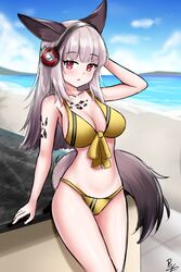  :o absurdres animal_ear_fluff animal_ears arknights arm_behind_head arm_support arm_up bare_arms bare_shoulders beach bikini blue_sky blush breasts cloud collarbone commentary day english_commentary female front-tie_bikini_top front-tie_top frostleaf_(arknights) grey_hair headphones highres implied_extra_ears long_hair looking_at_viewer material_growth medium_breasts oripathy_lesion_(arknights) outdoors parted_lips red_eyes rylaera sand sky solo swimsuit tail water yellow_bikini 