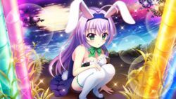  ahoge animal_ears bamboo bare_shoulders black_footwear blue_hairband bow breasts cleavage dot_nose fake_animal_ears fake_tail female film_grain from_above full_moon game_cg glowing green_bow green_eyes green_ribbons hair_ribbon hairband hand_on_ground hokaze_kanade izumi_tsubasu large_breasts lens_flare long_hair looking_at_viewer moon neck_garter night non-web_source official_art on_ground outdoors parted_lips playboy_bunny purple_hair rabbit_ears rabbit_tail re:stage! reflection reflective_water ribbon river sitting solo sparkle tail thighhighs white_thighhighs 