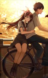  1boy absurdres bicycle black_pants black_sailor_collar black_socks bow brown_hair collared_shirt crazy_ones female hairband highres official_art pants protagonist_(crazy_ones) red_bow red_hair riding riding_bicycle sailor_collar school_uniform shirt shoes socks su_xiaoye water white_shirt 