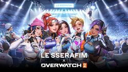  5girls arm_around_shoulder bb_brigitte brigitte_(overwatch) brown_hair concept_art concert copyright_name crop_top cropped_jacket cropped_shirt crowd d.va_(overwatch) dazzle_d.va dospi fingerless_gloves gloves hat highres junkrat_(overwatch) kira-kira_kiriko kiriko_(overwatch) le_sserafim looking_at_viewer multiple_girls official_alternate_costume official_alternate_hairstyle official_art overwatch overwatch_2 perfect_night_(le_sserafim) slay_star_sombra sombra_(overwatch) stadium tracer_(overwatch) traysi_tracer v 