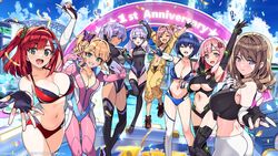  6+girls arm_up arms_up asymmetrical_legwear bikini blonde_hair blue_eyes blue_hair blue_sky bodysuit breasts brown_hair cellphone cleavage closed_eyes cloud commentary_request dolphin_wave elbow_gloves fingerless_gloves framed_breasts gloves green_eyes grin hair_ornament hairclip highres izumi_kiri joints jumping jumpsuit kazami_uniform large_breasts long_hair mechanical_arms medium_breasts multiple_girls nacht_(dolphin_wave) navel official_art one_eye_closed ootomo_takuji open_mouth party_popper phone pink_hair ponytail purple_eyes purple_hair red_hair robot_joints sakimiya_iruka schnee_weissberg short_hair side_ponytail skin_tight sky small_breasts smartphone smile souma_hayate standing suminoe_shion swimsuit thighhighs tojou_michiru underboob urami_kana wavy_hair 