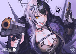  2023 artist_logo black_coat black_hair breasts chest_belt cleavage coat commentary dual_wielding english_commentary english_text female forked_tongue fur_trim gun handgun highres hiroki_ree holding holding_gun holding_weapon hololive hololive_english large_breasts long_hair long_sleeves looking_at_viewer m1911 multicolored_hair open_mouth shiori_novella shiori_novella_(1st_costume) smile solo split-color_hair tongue tongue_out virtual_youtuber weapon white_hair yellow_eyes yorick_(shiori_novella) 