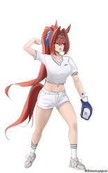  absurdres alternate_costume alternate_hairstyle animal_ears ball baozouyeguai baseball baseball_mitt breasts commentary daiwa_scarlet_(umamusume) female full_body hair_between_eyes hair_intakes highres holding holding_ball horse_ears horse_girl horse_tail long_hair medium_breasts midriff navel oerba_yun_fang open_mouth ponytail red_eyes red_hair shirt shorts simple_background smartwatch socks solo tail tiara umamusume v-shaped_eyebrows very_long_hair watch white_background white_footwear white_shirt white_shorts white_socks wristwatch 