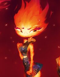  2023 absurd_res breasts clothed clothing disney dress elemental_(pixar) elemental_creature elemental_humanoid embarrassed ember_lumen female fire fire_creature fire_humanoid half-closed_eyes hi_res humanoid inker_comics looking_at_viewer narrowed_eyes not_furry pixar solo thick_thighs 