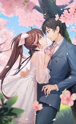  1boy absurdres black_hair blush bow brown_hair cherry_blossoms collared_shirt crazy_ones dress female flower from_side hair_flower hair_ornament highres long_hair long_sleeves necktie official_art pink_necktie ponytail profile protagonist_(crazy_ones) puffy_long_sleeves puffy_sleeves red_hair shirt su_xiaoye suit white_bow white_dress 