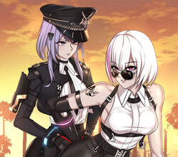  2girls agave alisa:_echo_(punishing:_gray_raven) alisa_(punishing:_gray_raven) alternate_costume armpit_crease arrest aviator_sunglasses bare_shoulders belt bent_over black_jacket black_necktie black_pants black_skirt breasts center-flap_bangs chains chest_harness chinese_commentary cloud collared_shirt commentary cropped_jacket cuffs grand_theft_auto grand_theft_auto_v hair_ornament harness hat highres insignia jacket joints leaning leaning_forward liv_(punishing:_gray_raven) looking_at_viewer looking_over_eyewear lzypoipoi mechanical_arms medium_breasts multicolored_hair multiple_girls necktie official_alternate_costume orange_sky out_of_character outdoors pants parody pink_eyes pink_hair police police_hat police_uniform policewoman punishing:_gray_raven purple_eyes purple_hair radio_antenna ringed_eyes robot_joints shirt short-sleeved_jacket short_hair short_sleeves shoulder_boards shoulder_tattoo single_mechanical_arm skirt sky sleeveless sleeveless_shirt streaked_hair sunglasses sunset tattoo tree uniform upper_body walkie-talkie white_hair white_shirt 