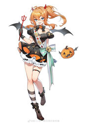  :d absurdres bare_shoulders bat_wings black_bow black_bowtie black_dress black_gloves black_socks bloomers blue_eyes blush boots bow bowtie breasts brown_footwear chinese_commentary commentary_request demon_horns diamond_(shape) dollar_sign dress emurina female full_body girls&#039;_frontline gloves green_ribbons hair_between_eyes halloween halloween_costume highres holding_trident horns jack-o&#039;-lantern kalina_(girls&#039;_frontline) kneehighs large_breasts long_hair looking_at_viewer open_mouth orange_hair ponytail red_horns ribbon simple_background single_kneehigh single_sock skull smile socks solo standing standing_on_one_leg striped_clothes striped_ribbon striped_socks thigh_strap weibo_logo weibo_watermark white_background white_bloomers white_ribbon white_socks wings 