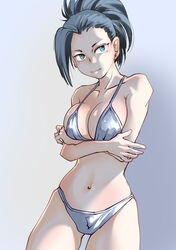  arms_under_breasts bare_legs bikini black_hair blue_eyes boku_no_hero_academia breasts bright_pupils cleavage closed_mouth commentary_request cowboy_shot female highres kuromadara navel ponytail solo stomach swimsuit white_bikini white_pupils yaoyorozu_momo 