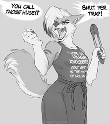  anthro apron arm_tuft artist_name breasts canid canine canis cheek_tuft clothing dialogue elbow_tuft energyvector english_text facial_tuft female female_anthro fist gloves_(marking) grey_background greyscale hair highlights_(coloring) holding_object holding_tongs holding_tool i_hope_my_huge_knockers_don&#039;t_get_in_the_way_(meme) mammal markings monochrome offscreen_character open_mouth portrait question raised_arms rhetorical_question sharp_teeth shirt short_hair simple_background solo speech_bubble standing suggestive_clothing suggestive_shirt talking_to_another tank_top teeth tessa_bluemane text text_on_clothing text_on_shirt text_on_tank_top text_on_topwear three-quarter_portrait tongs tongue tools topwear tuft wolf yelling 